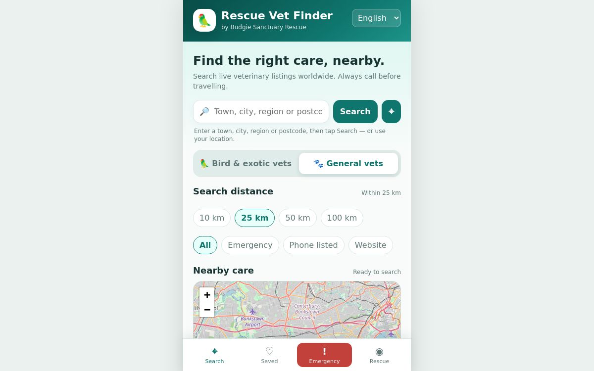 Current Rescue Vet Finder search screen with vet type, distance and listing filters
